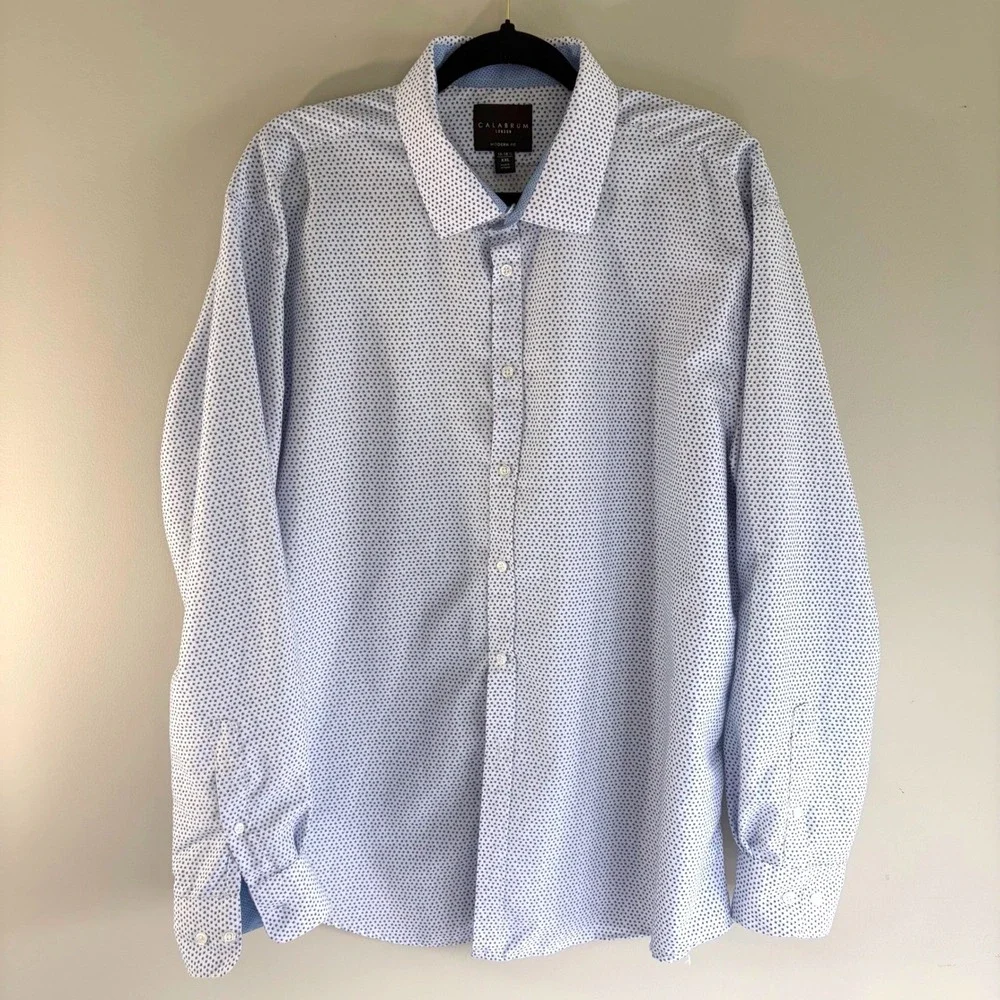 Calabrum London Mens XXL Modern Fit Dress Shirt Blue‎ White Micro Print Business